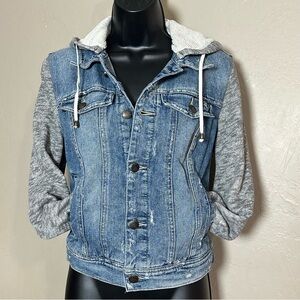 Free People Cropped Distressed Denim Jacket with Sweatshirt Hoodie & Sleeves